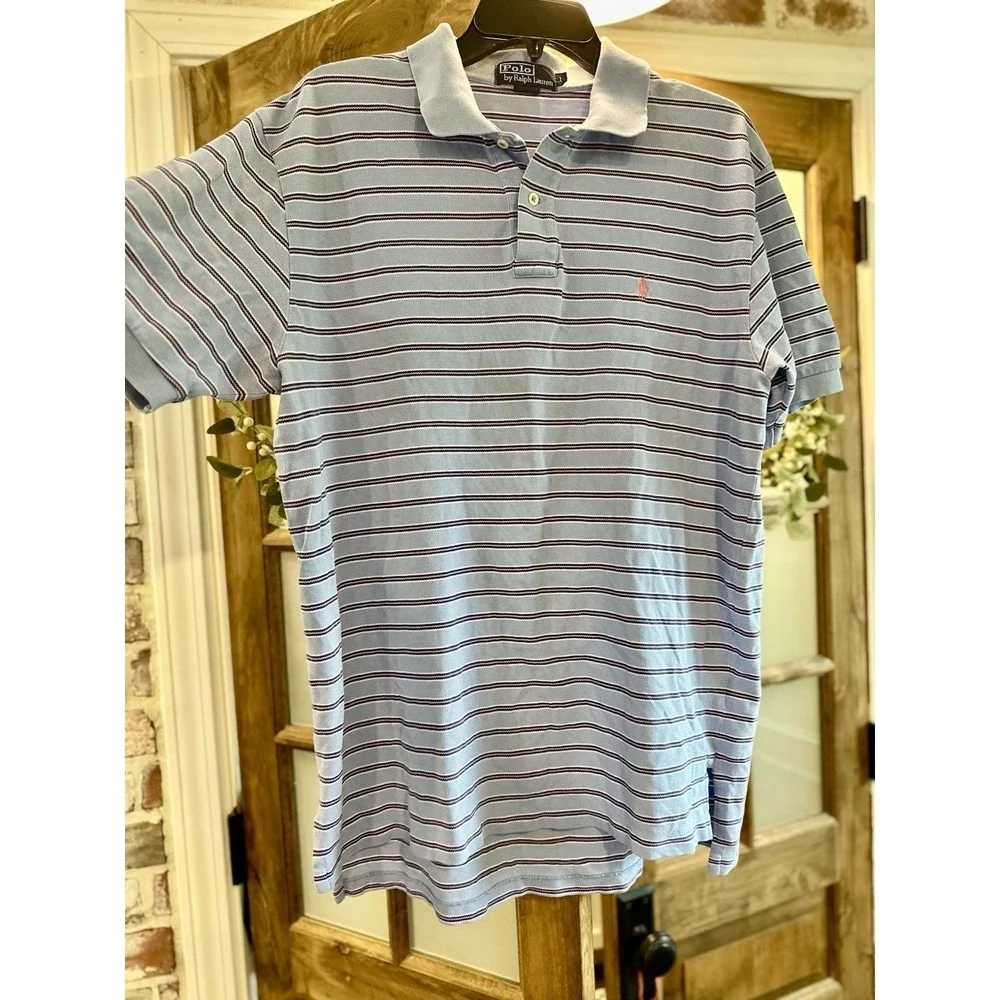 Polo‎ Ralph Lauren Polo Shirt Mens L Blue Striped Short Sleeve Pique Cotton Pony